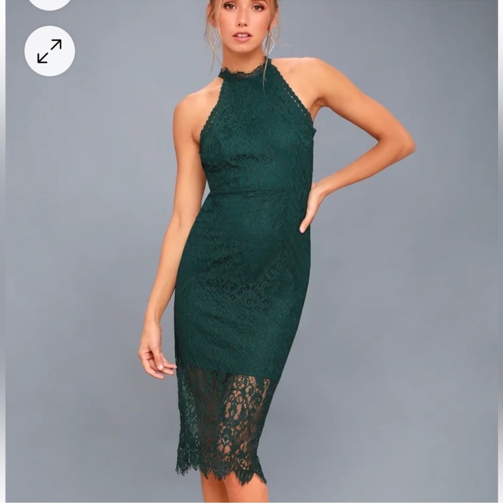 Lulu’s Emerald green Lace High Neck Midi Dress